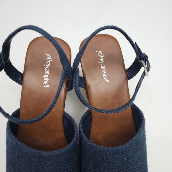 Jeffrey Campbell On Deck Sandal Womens 10 Navy Blue Wood Wedge Platform Heel - Picture 7 of 13